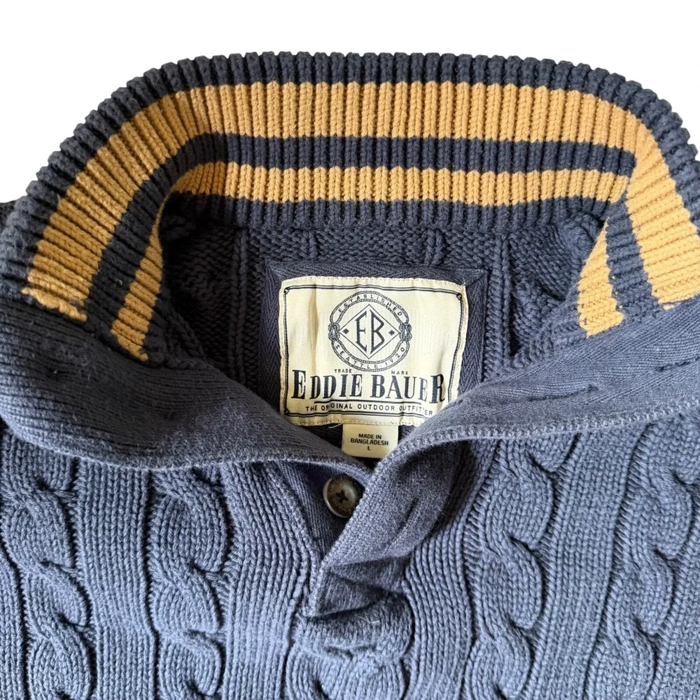 Eddie‎ Bauer Mens Navy Blue Cable Knit Cotton Mock Neck Button Sweater Large